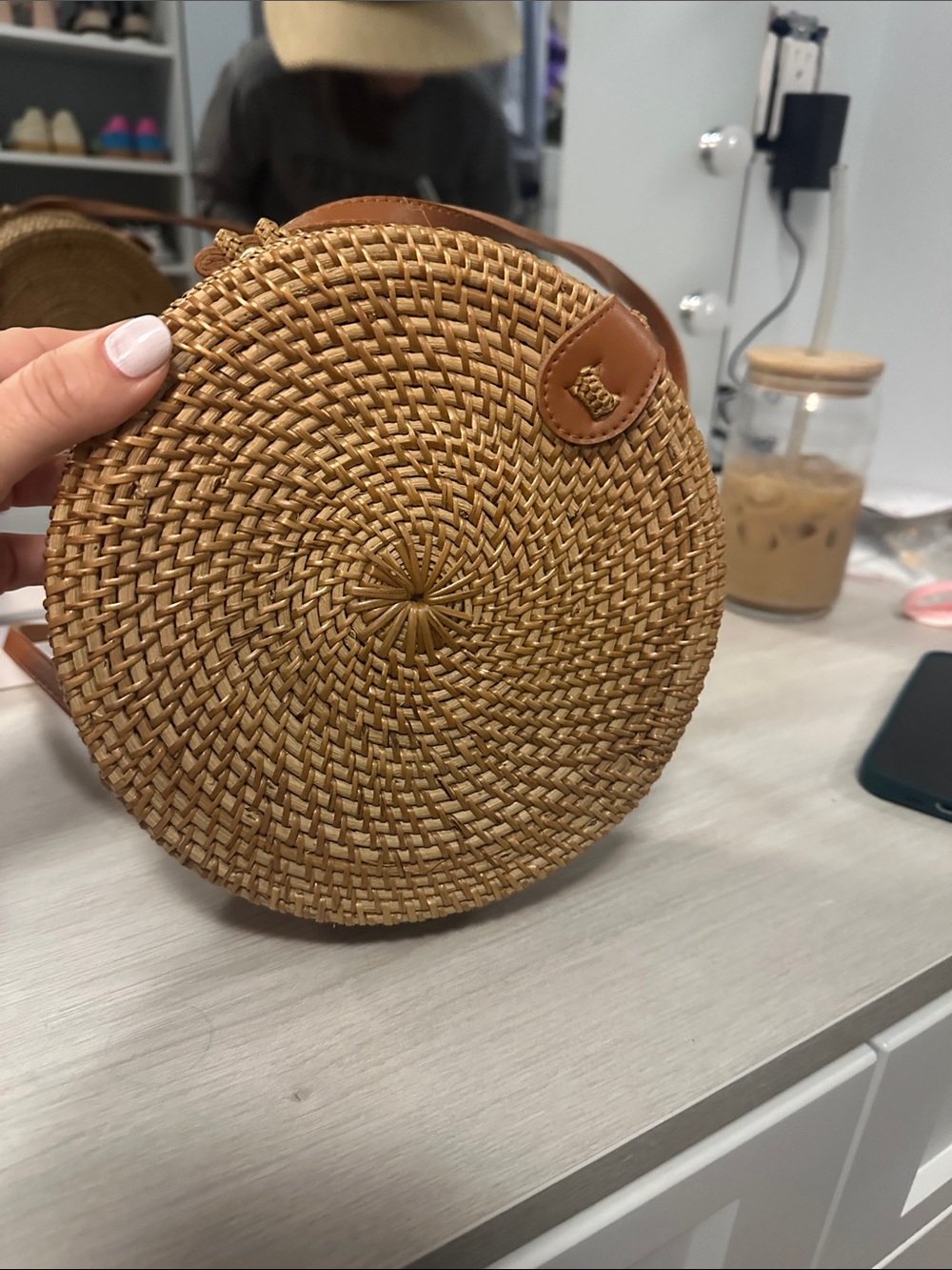 Woven Round Crossbody Bag in Tan